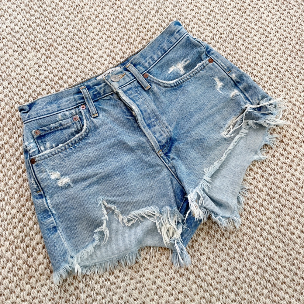 AGOLDE Distressed Denim Cutoff Shorts Women’s Size 24 High Rise Raw Hem - Picture 4 of 12